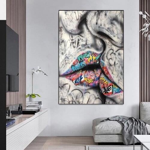 Street Graffiti Art Lover Kiss Canvas Painting Posters and Prints Wall Art Pictures for Home Decor (No Frame)