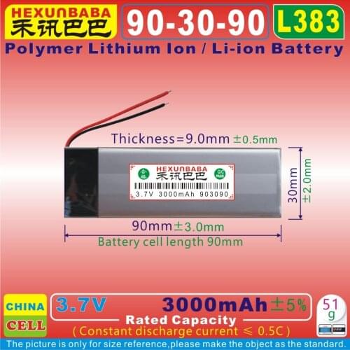 [L383] 3.7V 3000mAh [903090] PLIB; polymer lithium ion / Li-ion battery for BLUETOOTH,mp3,mp4,model TOY,DVD,GPS,cell phone