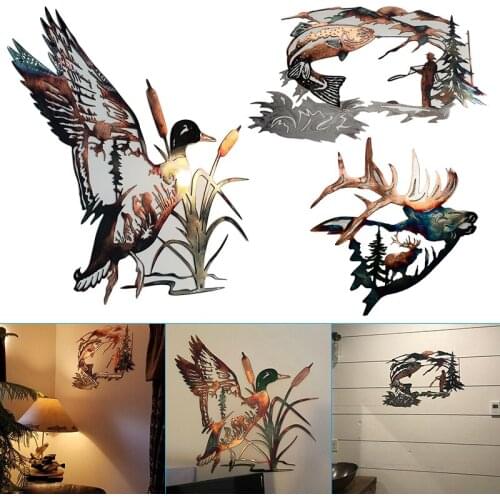 Solo Mallard Hunting & Trout Fishing Scene Metal Wall Art Animal Shape Wall Decal Vivid Decoration for Home ALI88