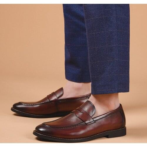 Handmade First Layer Cowhide Men Shoes Platform Casual Business Shoes 2021 Summer Slip on Loafers Male Autumn Banquet Footwear