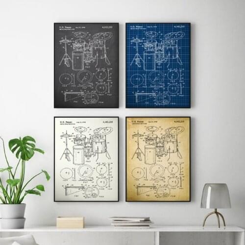 Music Instruments Patent Wall Art Prints and Poster Drummer Drum Blueprint Canvas Painting Pictures For Music Studio Room Decor