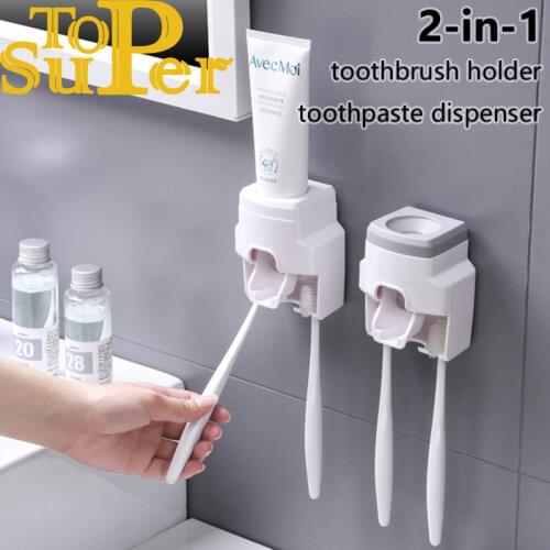 Toothbrush Holder Set Toothpaste Dispenser Wall Mount Stand Bathroom Accessories Set Rolling Automatic Squeezer Family Hygienic