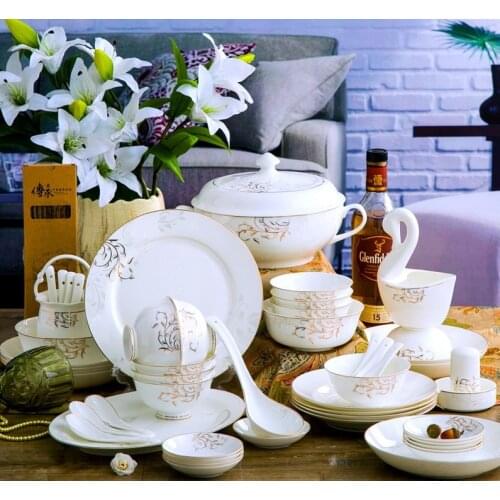 Wedding Guci bone china tableware set 56 pieces of ceramic bowl, dish, Spoon Set Gold depicting high grade European gift