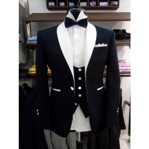 Latest Design Black Formal Wedding Suits For Men White Shawl Lapel Slim Fit Groom Tuxedos Best Man Party Prom Male Blazer 3Piece
