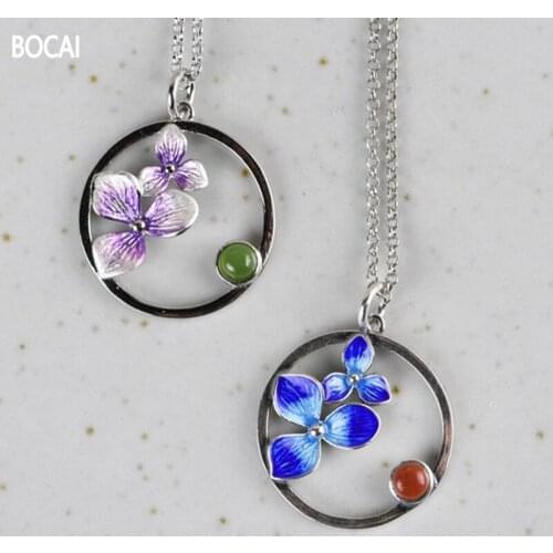 BOCAI New Real 100% Solid S925 silver burnt blue inlaid agate jasper flower pendant for woman fashionable woman necklace