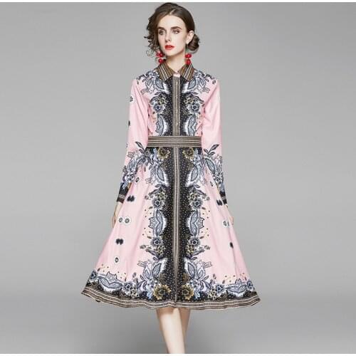 Vintage Big Shirt Dresses Print Knee-Length Long Sleeve Dress Elegant Empire Ages 18-35 Years Old Large Swing Dresses for Women