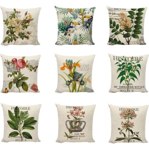 Green Plants Palm Leaf Green Leaves Monstera Iris Cushion Cover Hibiscus Flower Cushion Cover Decorative Beige Linen Pillow Case