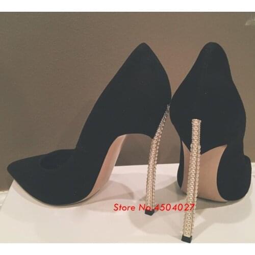 Hot Women Pumps Luxury Black Suede Pearls High Heel Shoes Pointed Toe Stiletto Heels Party Dress Shoes Woman