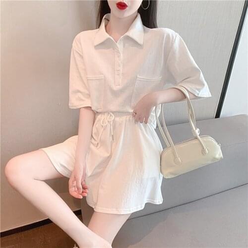 Two Piece Shorts Cotton Casual Tops Loose Female White Black Gray Lapel Jumper Summer 2021 Womens Sets Sport Pants Lady Suit