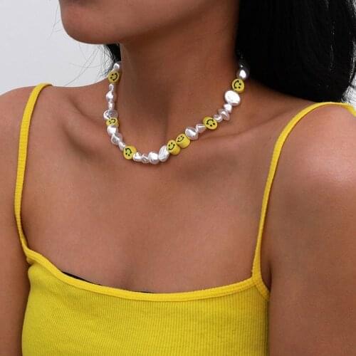 Chain Smiley Pearl Necklace for Women Colgantes Beaded Necklaces Schmuck Matching Colier Femmes Girls Jewelry Gift