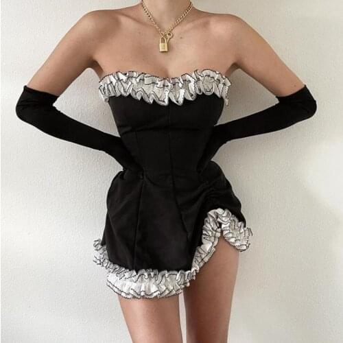 2021 Fashion Womens Bodycon Mini Dress Slim Fit Split Strapless Dresses Ladies Sexy Party Club Black Mini Dresses with Gloves