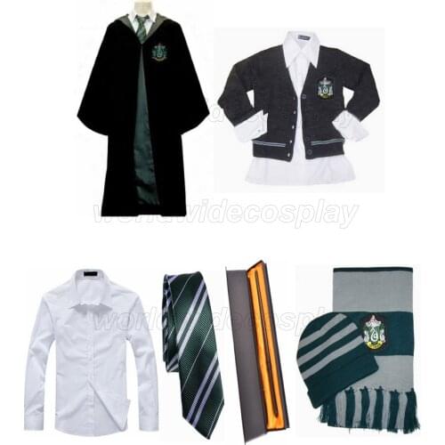 Free Shipping Slytherin House Robe Sweater Shirt Necktie Hat Scarf Draco Malfoy Magic Wand for Halloween and Christmas