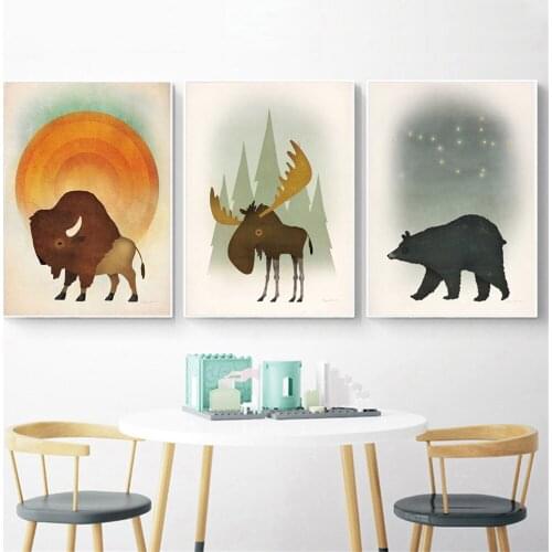 Canvas Painting Bear Moose Horse Hanging Wall Art Retro Vintage Posters and Prints Living Room Decoration Kids Room Decor