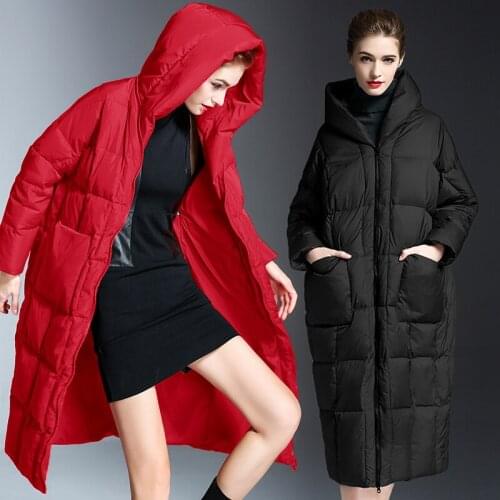 Hooded Jacket Down Winter Womens Thickened Brand Long Warm Outerwear Fashion Red Coat European Loose-fitting Solid Down Jacket