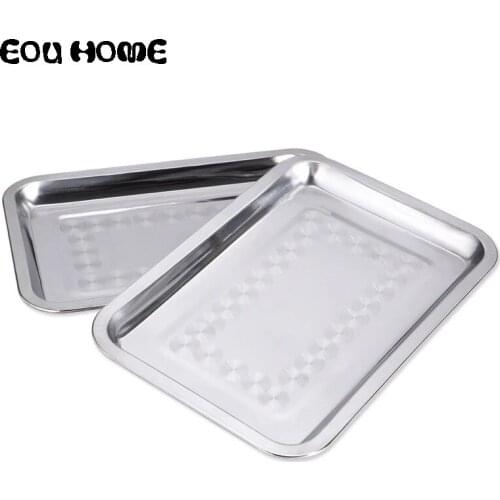 32*22cm Thick Long Square Silvery Stainless Steel BBQ Accessories Barbecue Food Tray Flat Bottom Outdoor Camping BBQ Household