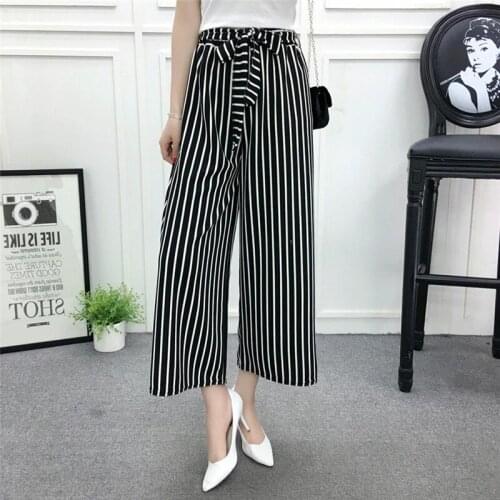 Fashion High waist loose striped summer pants plus size Sexy side split women pants Elastic cotton white wide leg trousers