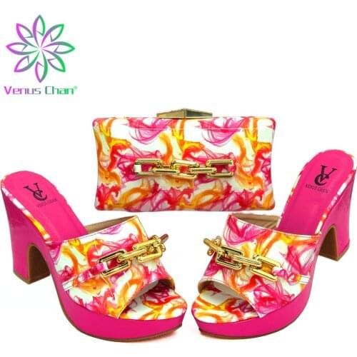 2021 New Coming Elegant Style African Women Shoes and Bag Set in Fuchsia Color Slingbacks Pumps with Appliques for Wedding
