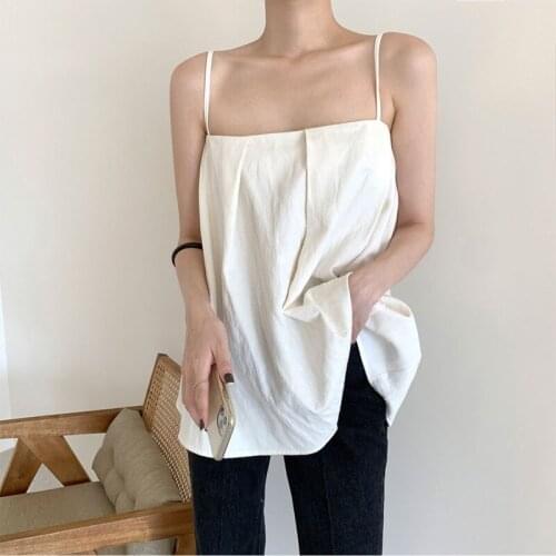 Off Shoulder Loose Sleeveless Tops Sexy Style 2021 Summer Women Blouse Cotton Solid Casual Office Lady Female Sling Blusas 14049