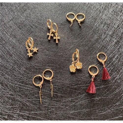 New Sweet Gold Color Plating Star Moon Lightning Tassel Flower Blossom Cross Charm Hoop Earrings For Women Girl Lovely Jewelry