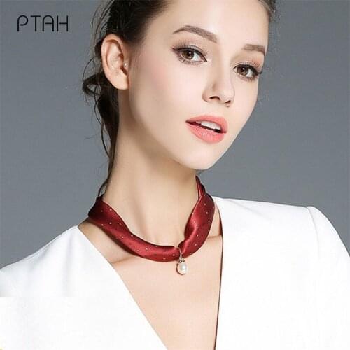 [PTAH] Necklace Silk Scarves Women Autumn Neck 100% Mulberry Silk Temperament Elegant Clavicle Pearl Small Scarves High Quality