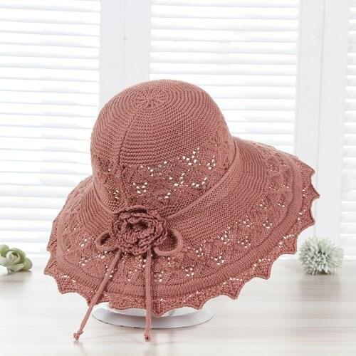 Summer Solid Color Sunscreen Hat Hollow Knitted Foldable Bowknot Wide Brim Sun Shade Hat UV Resistant Beach Panama Lady Cap