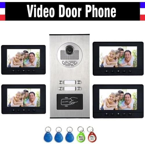 4 Units Apartment Intercom System Video Intercom Video Door Phone Kit HD Camera 7" Monitor with RFID keyfobs for 4 Household