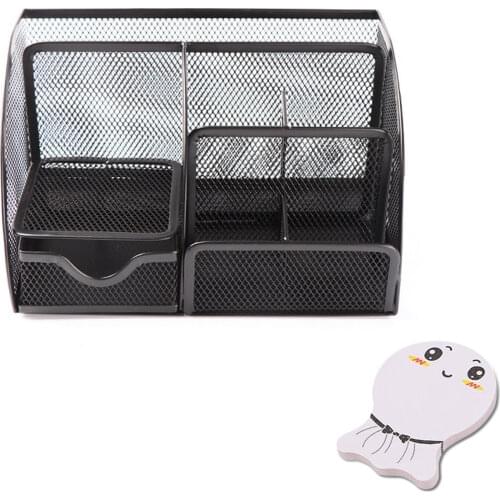Steel Mesh Organizer 6-Compartment Pencil Pen Holder Caddy with 1pc Memo Pad for Desk Accessories Home Office School Supplies