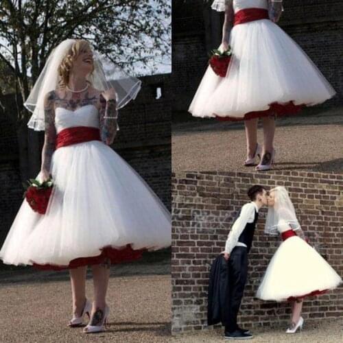 Rock And Roll Gothic Wedding Dress With Red Sash A Line Knee Length Boho Tulle Short Bridal Dress Cheap Plus Size Wedding Gowns