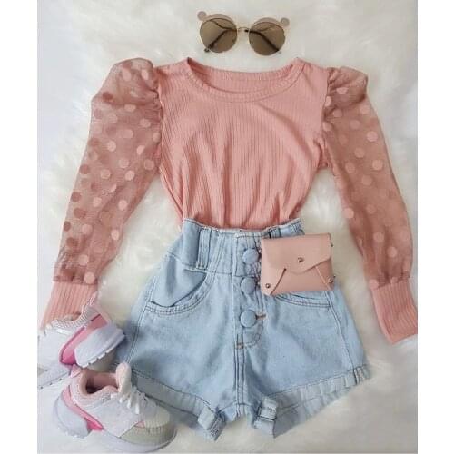 1-6Years Fashion Autumn Girls Clothing Sets Mesh Polka Dots Print Long Sleeve Knitted T-shirts+Button Denim Shorts Outfits