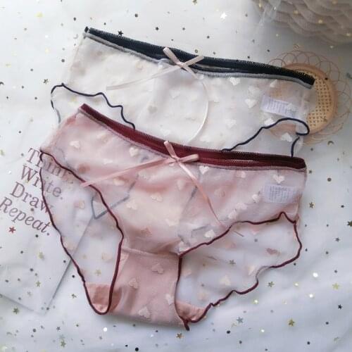 Womens Comfort Heart Lace Panties Sexy Transparent Mesh Briefs Low-Rise Panty Breathable Girls Underpants Intimates Lingerie