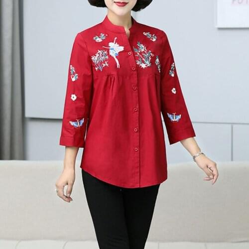 Embroidery Plus size Button Down Shirt For Women 3/4 Sleeve White Office Ladies Top and Blouse Elegant Work Clothing