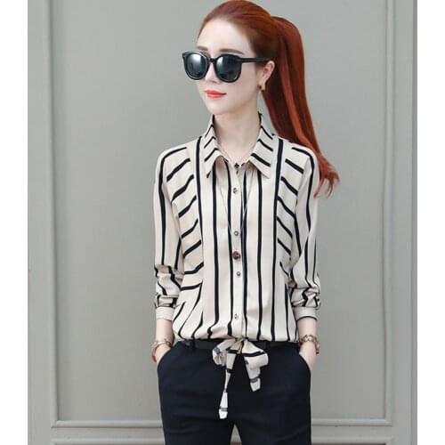 Office Work Wear OL Women Spring Summer Style Chiffon Blouses Shirts Lady Casual Long Sleeve Striped Blusas Tops DD1874