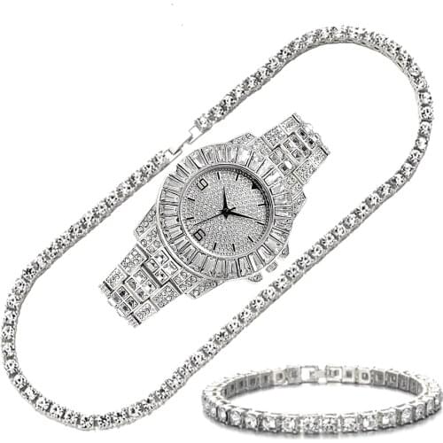 Iced Out Watches for Women Necklace Bracelet Rhinestone Choker Bling Crystal Tennis Chain Jewelry Set Luxury Hip Hop Watch Women