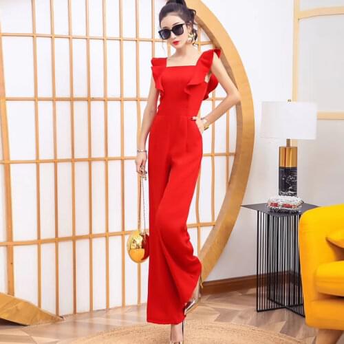 Women 2021 Summer Jumpsuit Female Pure Color Wide Leg Pants Resort Sleeveless High Waist Suspender Jumpsuit Elegant Rompers Y120