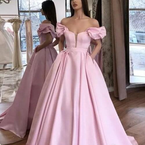 Ladys Wedding Evening Robe Sexy Off The Shoulder Line Short Bubble Sleeve Elegant Celebrity Dresses Full Length Satin Pink Gown