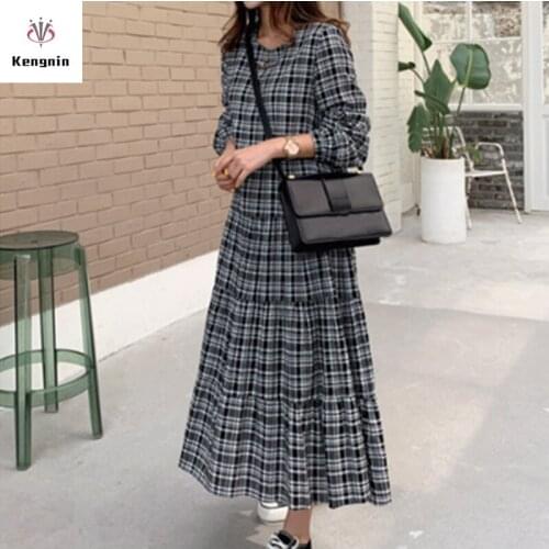 Plus Size 5XL Women O-Neck Dress 2021 Autumn Winter Long Sleeve Vestidos European Style Plaid Black Dress Loose Robe KE223