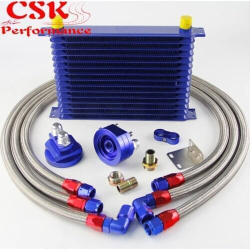 15 Row 262mm AN10 Universal Engine Transmission Oil Cooler Trust Type + Filter Adapter Kit Silver/Blue/Black