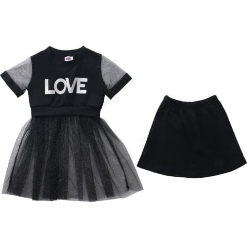 2020 Baby Summer Clothing Toddler Girls Outfits Short Sleeve LOVE Letter Printed T-shirt Dress Black Mesh Glitter Skirt Clothes