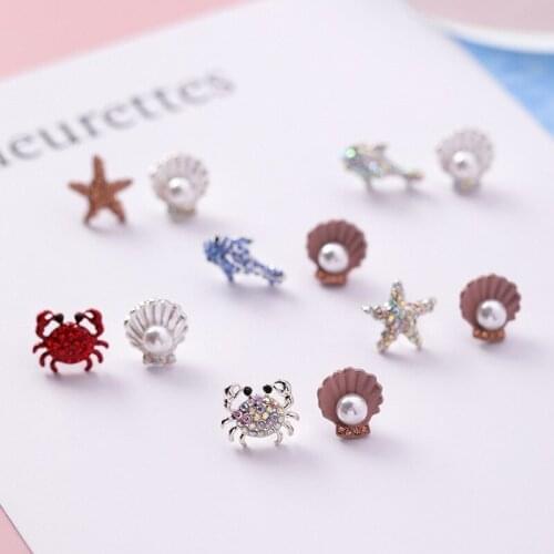 2021 Wholesale 925 Silver Needle Cute Crab Starfish Diamond Earrings Personality Small Pearl Shell Earrings Female Jewelry