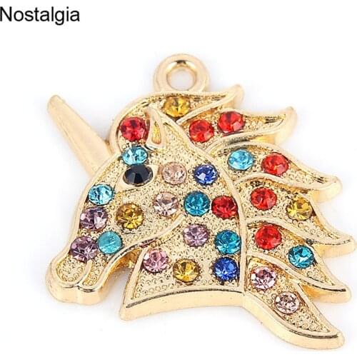 Nostalgia 5Pcs Colorful Crystal Unicorn Charm Animal Rhineston Pendants Jewelry Making 29*26MM