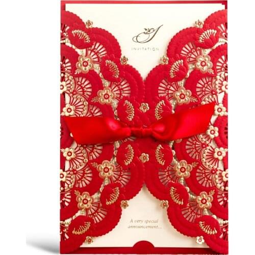 50 Pcs/Lot Red Gold Foil Laser Cut Lace Wedding Invitations Card, Printable Engagement Birthday Party Invites Kit with Envelope