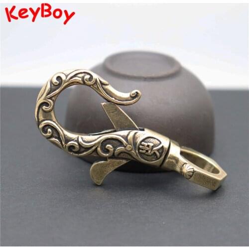 Chinese Lucky Keychain Vintage Pure Copper Pattern Elephant Nose Shape Keyring Car Key Chain Ring Holder Jewelry DIY Key Hanging
