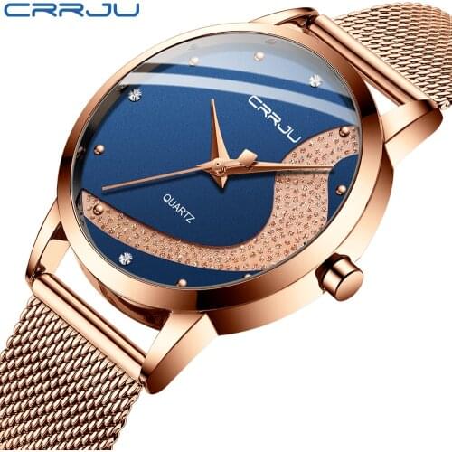 Women Watch CRRJU Stylish Rhinestone Watches Casual Waterproof Quartz Ladies Dress Blue Galaxy Mesh Watches relogio feminino