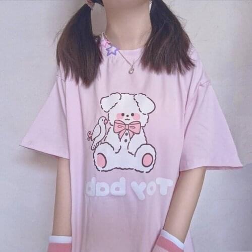 Graphic Tee 2021 Fashion Kawaii Tshirt Women Short Sleeve Clothes Loose Cartoon Print Cute Pink Casual T Shirt Women