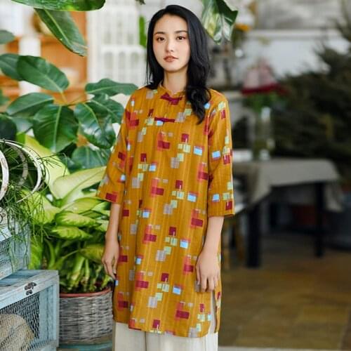 Johnature Women Chinese Style Long Shirts Cotton Stand Seven Sleeve Blouses Button Print Floral 2021 Spring Loose Vintage Tops