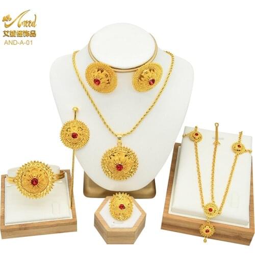 Arabic Gold Jewelry Sets For Women Ethiopian Eritrean Bride Dubai Gold Color African Indian Ethnic Wedding Necklace With Stone