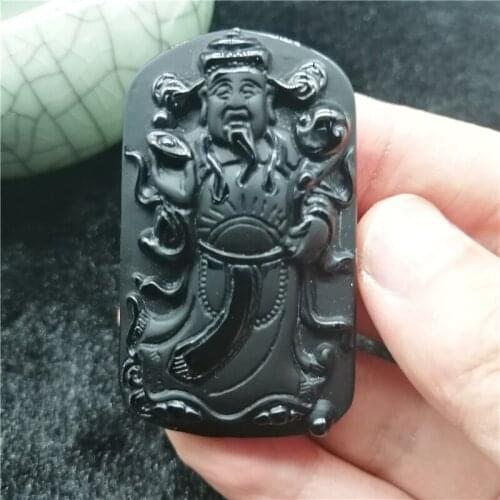 Beautiful Chinese Handwork Natural Black Obsidian Carved God of Wealth Lucky Amulet Pendant + Beads Necklace Fashion Jewelry