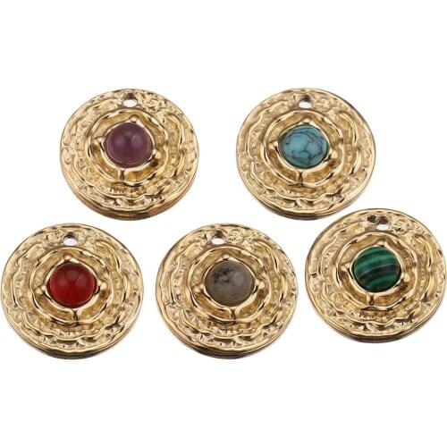 5pcs/lot Stainless Steel Round Tray Natural Stone Gold Designer Charms Pendants DIY Connection Earring Jewelry Making Wholesale