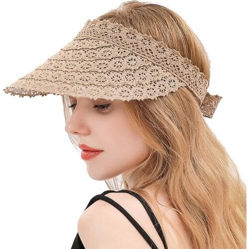 Summer Women Empty Top Sun Cap Lace Beach Sunscreen Hat Knit Sun Hat Portable UV Protction Wide Brim Caps