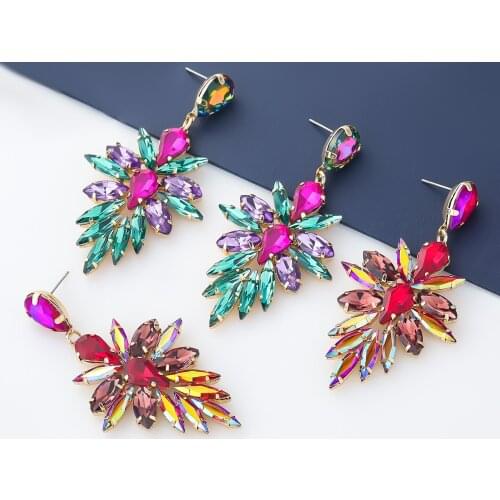 Fashion Metal Rhinestone Glass Flower Earrings Womens Creative Popular Dangle Earrings Party Accessories